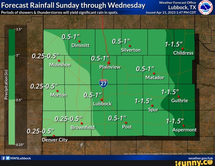 Forecast Rainfall Sunday through Wednesday fubbock, Tx Periods of