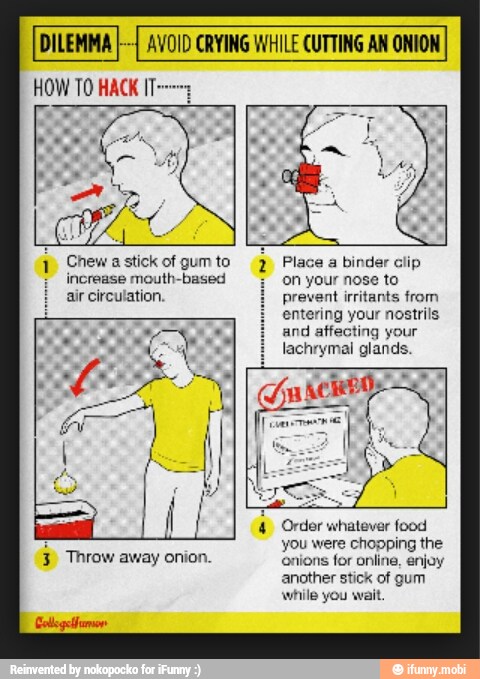 DILEMMA
HOW TO HACK IT~ AVOID CRYING WHILE CUTTING AN ONION
1 Chewastickofgumto 2
Place a
binder
entering your nostrils
and affecting your
4 Order whatever food
chopping the
while you wait.