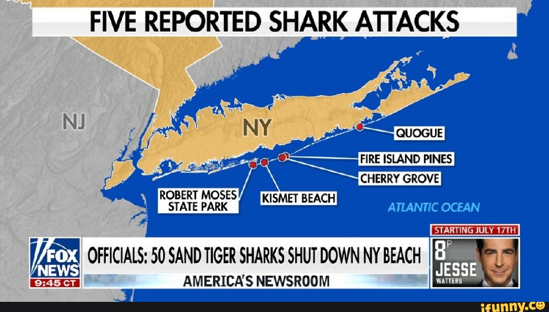 FIVE REPORTED SHARK ATTACKS NJ QUOGUE I FIRE ISLAND PINES CHERRY GROVE ROBERT MOSES KISMET BEACH
