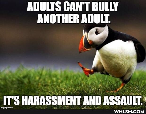 ADULTS CAN'T BULLY ANOTHER ADULT.
IT'S HARASSMENT AND ASSAIIT.