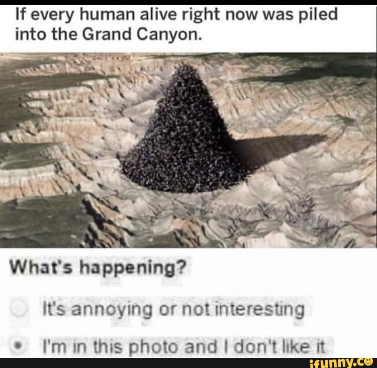 If every human alive right now was piled
into the Grand Canyon.
What's happening?
It's annoying or not interesting
I'min this photo and I don't like it
