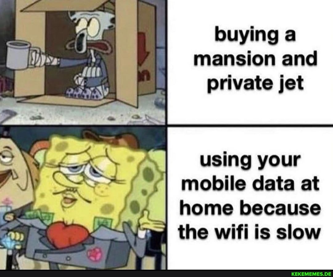 buying a mansion and private jet
using your
I mobile data at
I home because the wifi is slow
Pe