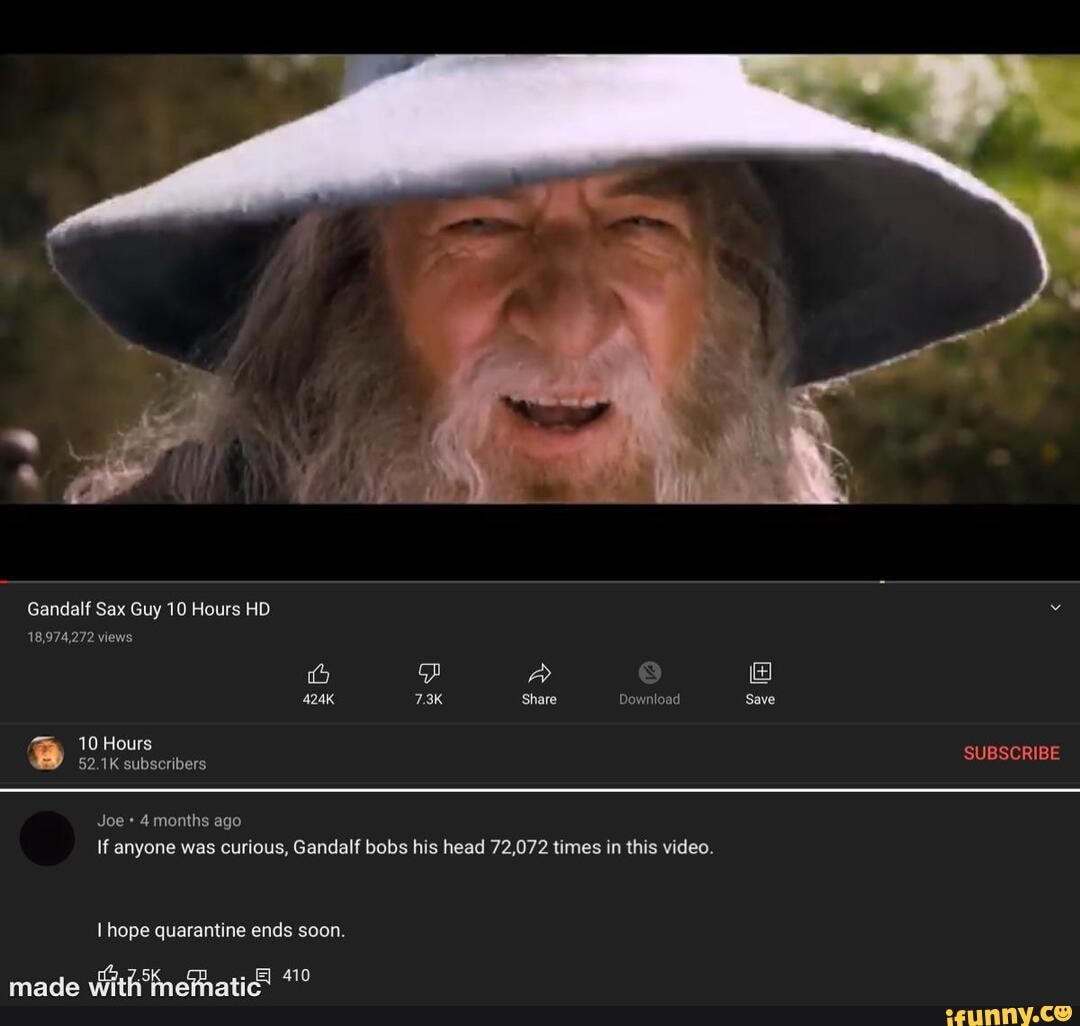 Gandalf Sax Guy 10 Hours HD. 18,974,272 views ia) A 424k 7.3k Share