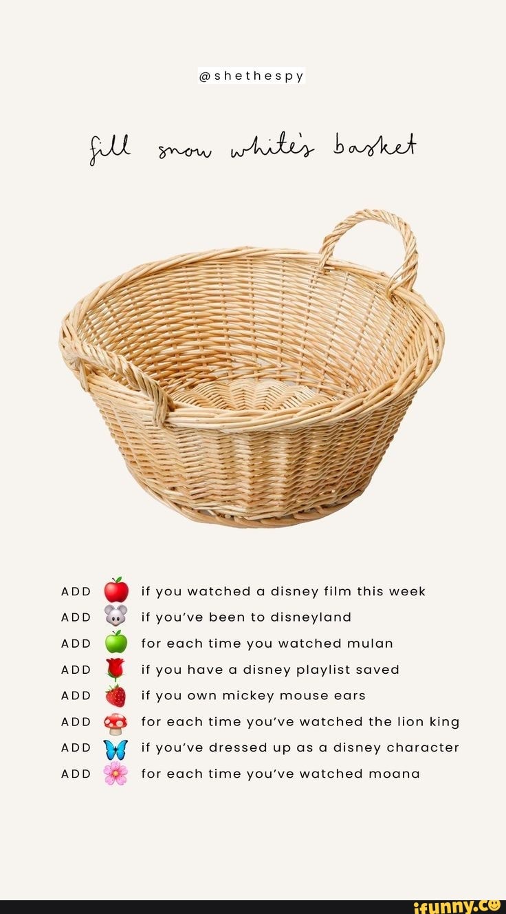 @shethespy
ADD
ADD
ADD
ADD
ADD
ADD
ADD
ADD
if you watched a disney film this week
if you've been to disneyland
for each time you watched mulan
if you have a disney playlist saved
if you own mickey mouse ears
for each time you've watched the lion king
if you've dressed up as a disney character
for each time you've watched moana
