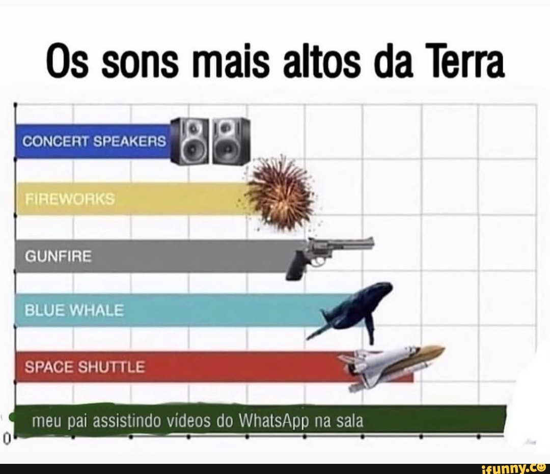 Os sons mais altos da Terra
CONCERT SPEAKERS
FIREWORKS
GUNFIRE
BLUE WHALE
SPACE SHUTTLE
meu pai assistindo videos do WhatsApp na sala
