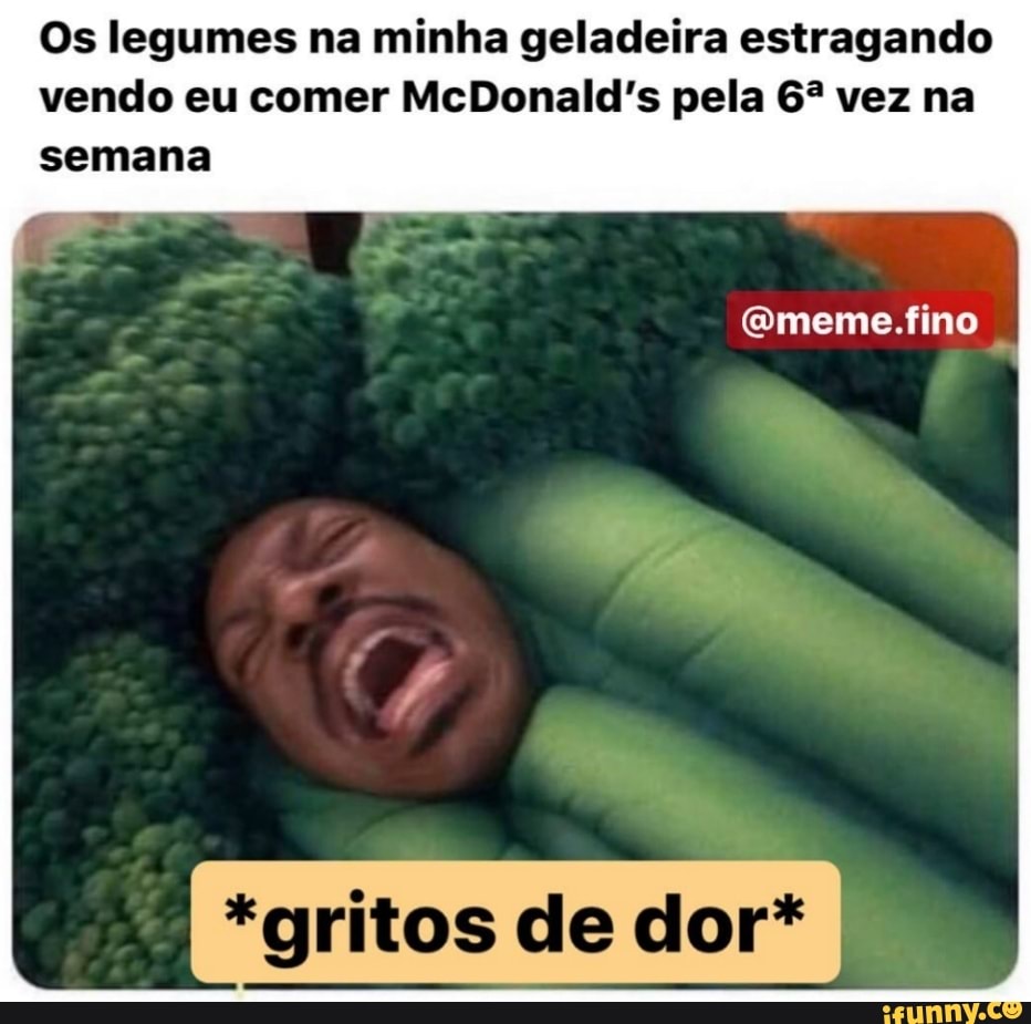 Os legumes na minha geladeira estragando
vendo eu comer McDonald's pela 6º vez na
semana
@meme.fino
*gritos de dor*
