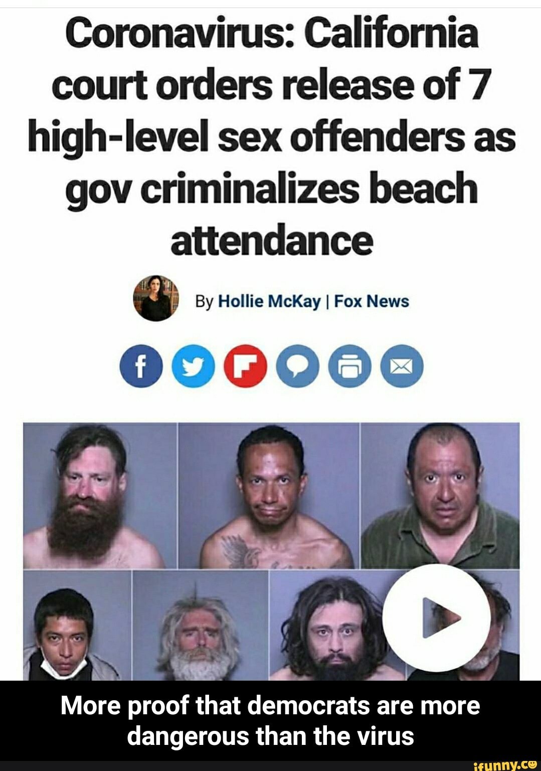 Coronavirus: California
court orders release of 7
high-level sex offenders as
gov criminalizes beach
attendance By Hollie McKay I Fox News
00000
More proof that democrats are more
dangerous than the virus - More proof that democrats are more dangerous than the virus