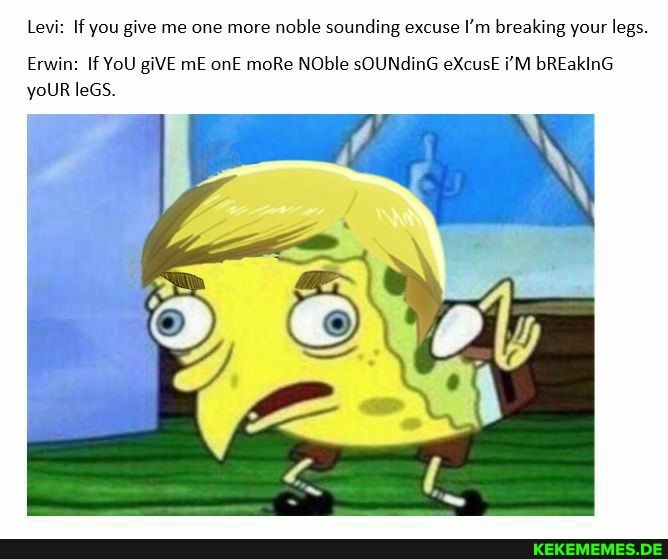 Levi: If you give me one more noble sounding excuse I'm breaking your legs.
Erwin: If YoU giVE mE onE moRe NOble sOUNdinG eXcusE i'M bREakinG yoUR leGS.