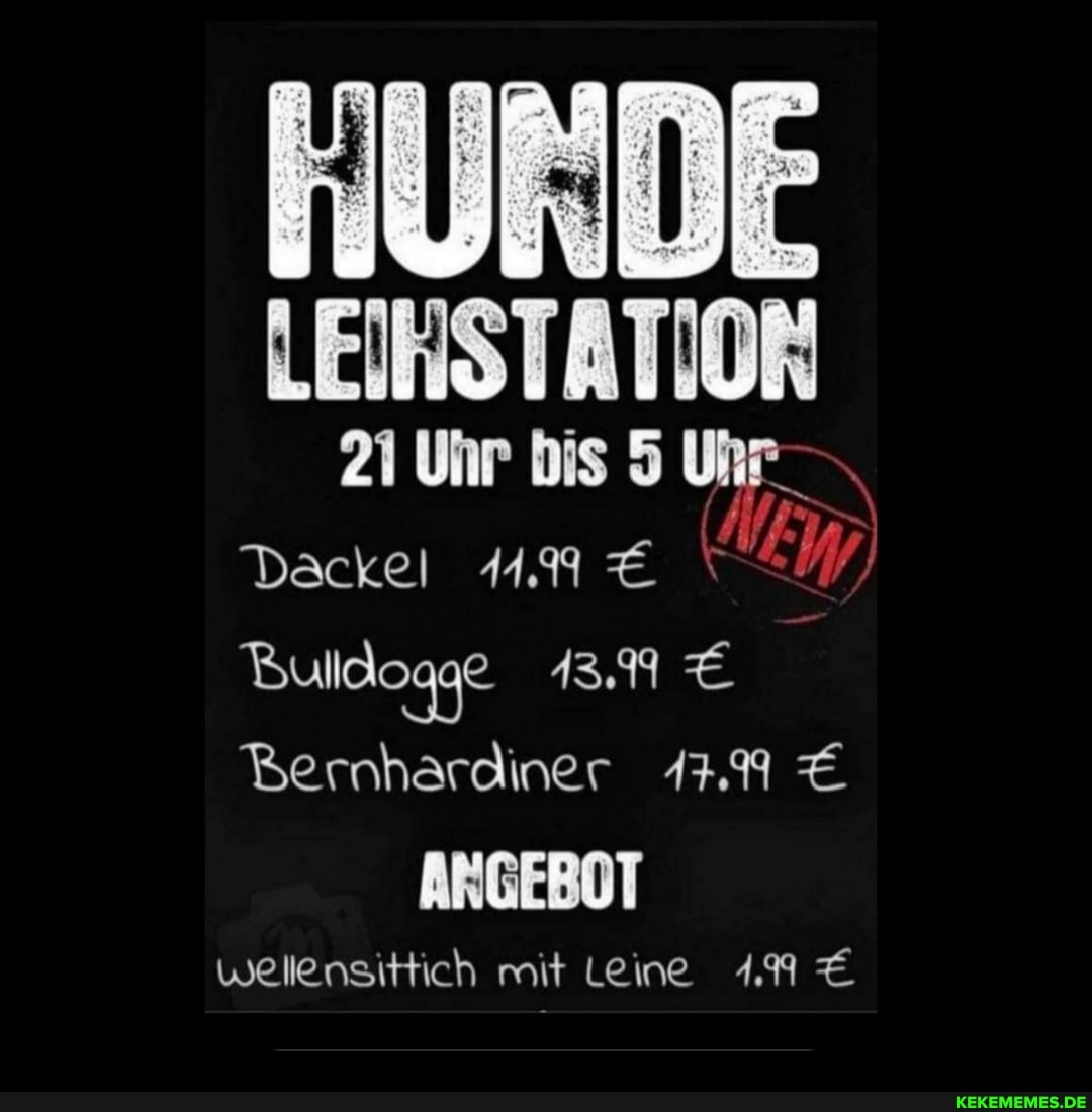 LEIRSTATIOR
21 Uhr bis 5 Uhr
Dackel
Bulldogge 13.9
Bernhardiner
ANGEBOT
wellensittich mit Leine 1.9