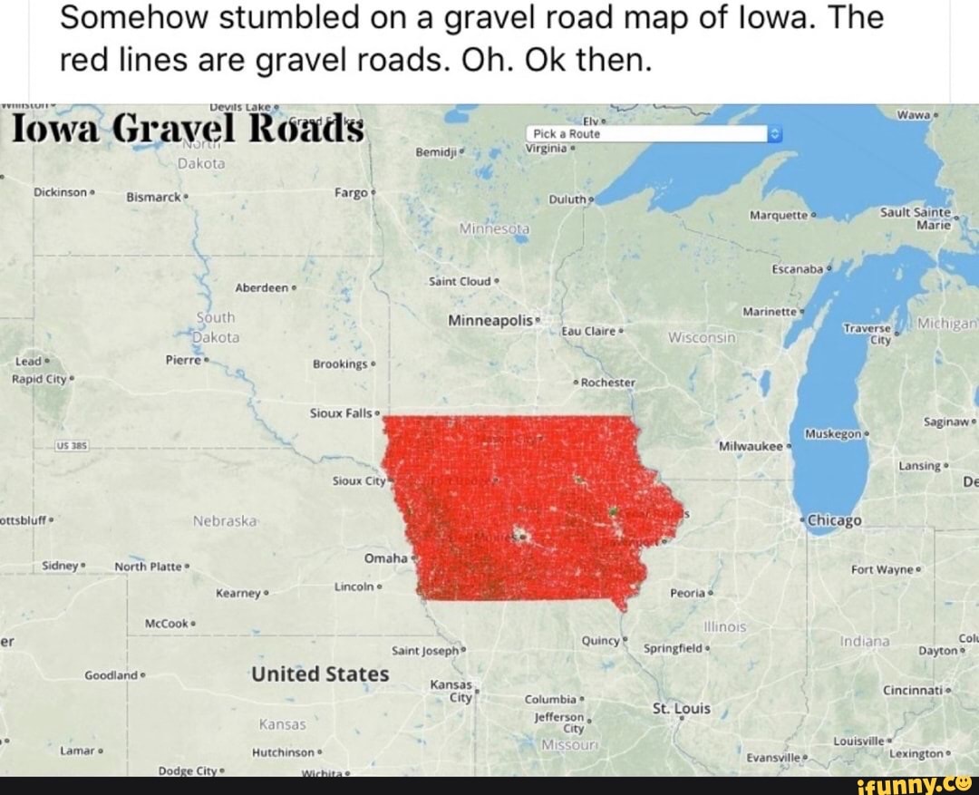 Somehow stumbled on a gravel road map of lowa. The red lines are gravel