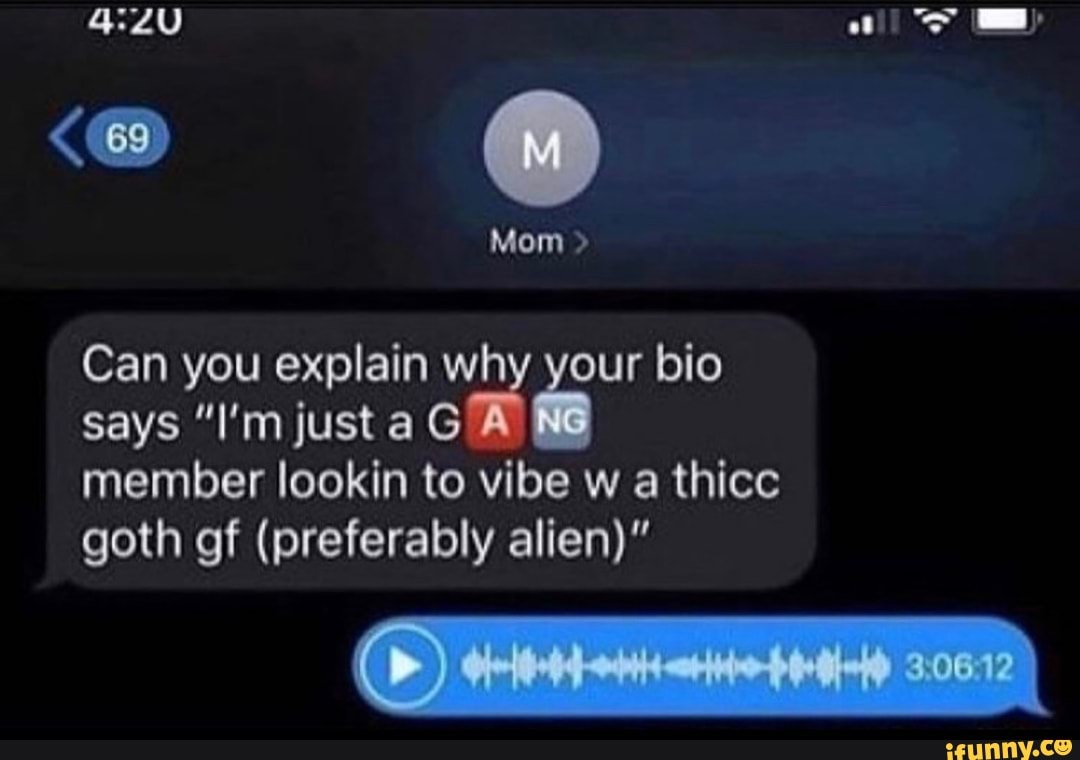 Mom >
Can you explain why your bio says "I'm just a G member lookin to vibe w a thicc goth of (preferably alien)"
