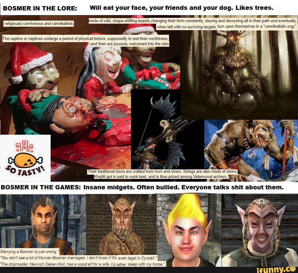 BOSMER IN THE LORE: Will eat your face, your friends and your dog. Likes trees.
he captive or captives torture, supp st their worthiness, and then are j -omed into the clanI
d. Everyone talks shit about them.
