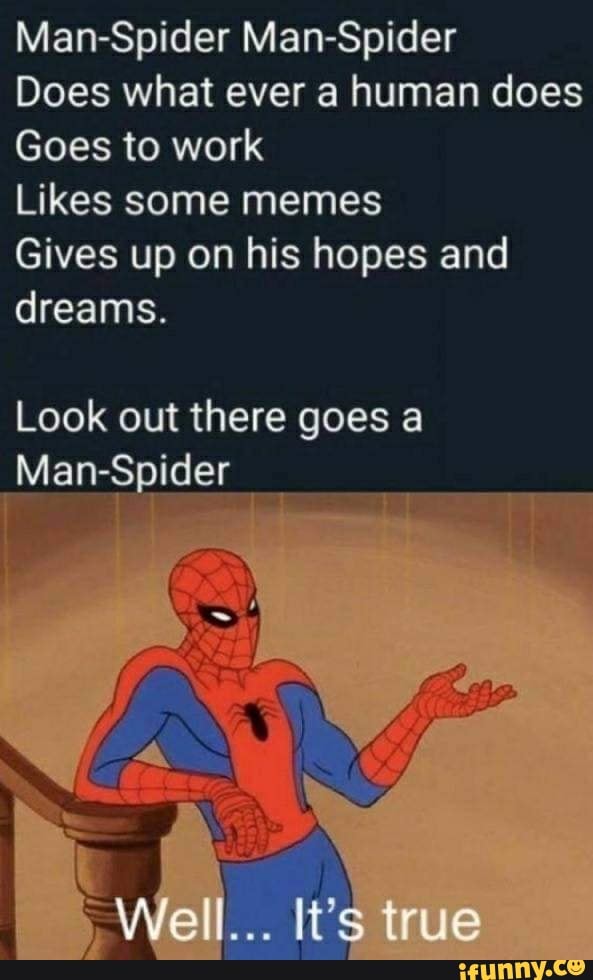 Man-Spider Man-Spider Does what ever a human does Goes to work Likes some  memes Gives up on his hopes and dreams. Look out there goes a Man-Spider  true - iFunny