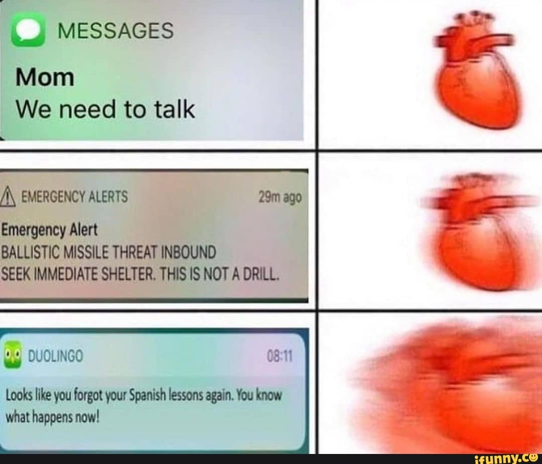 MESSAGES
Mom
We need to talk
Emergency Alert
I
BALLISTIC MISSILE THREAT INBOUND I
SEEK IMMEDIATE SHELTER. THIS IS NOT A DRILL.
Looks like you forgot your Spanish lessons again. You know
what happens now!
