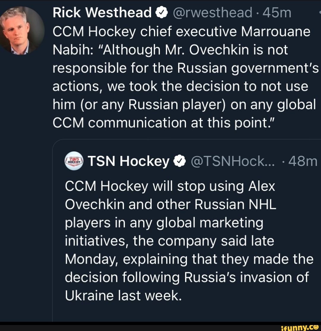 Rick Westhead: CCM Hockey to stop using Alex Ovechkin, Russian players in  global marketing 