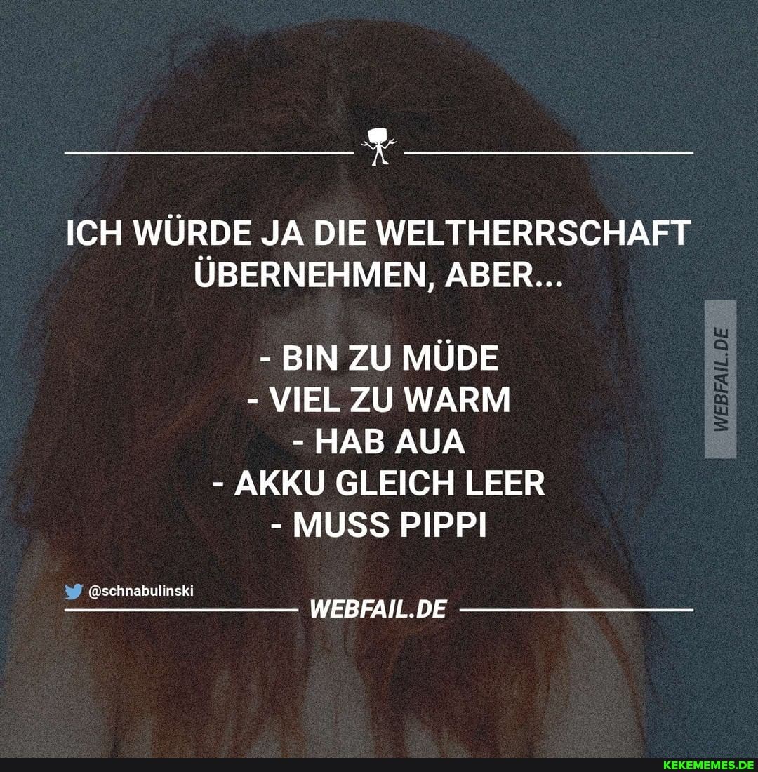 ICH WÜRDE JA DIE WELTHERRSCHAFT ÜBERNEHMEN, ABER...
DE
- BIN ZU MÜDE
- VIEL ZU WARM
- HAB AUA
- AKKU GLEICH LEER
- MUSS PIPPI
@schnabulinski
WEBFAIL.DE