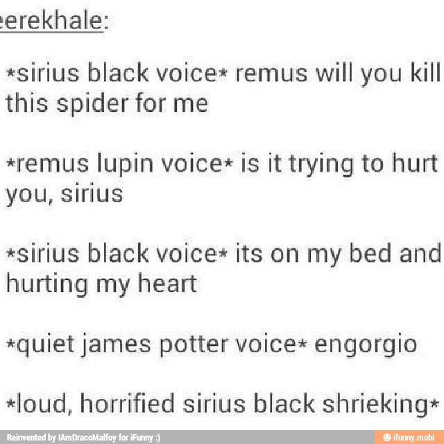 "sirius black voice* remus will you kill
this spider for me
*remus lupin voices is it trying to hurt
you, sirius
"sirius black voice its on my bed and
hurting my heart
"quiet james potter voice* engorgio
*loud, horrified sirius black shrieking+*