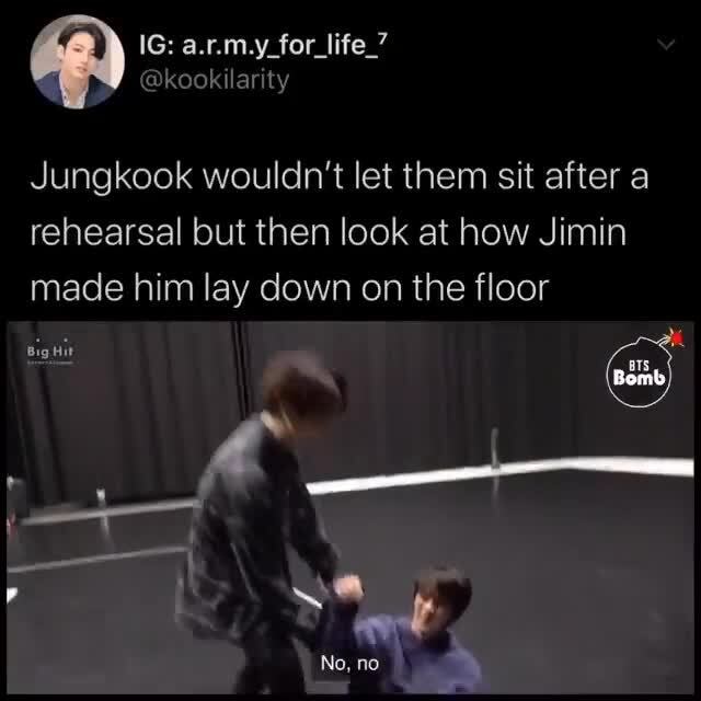Jungkook wouldn't let them sit after a rehearsal but then look at how Jimin made him lay down on