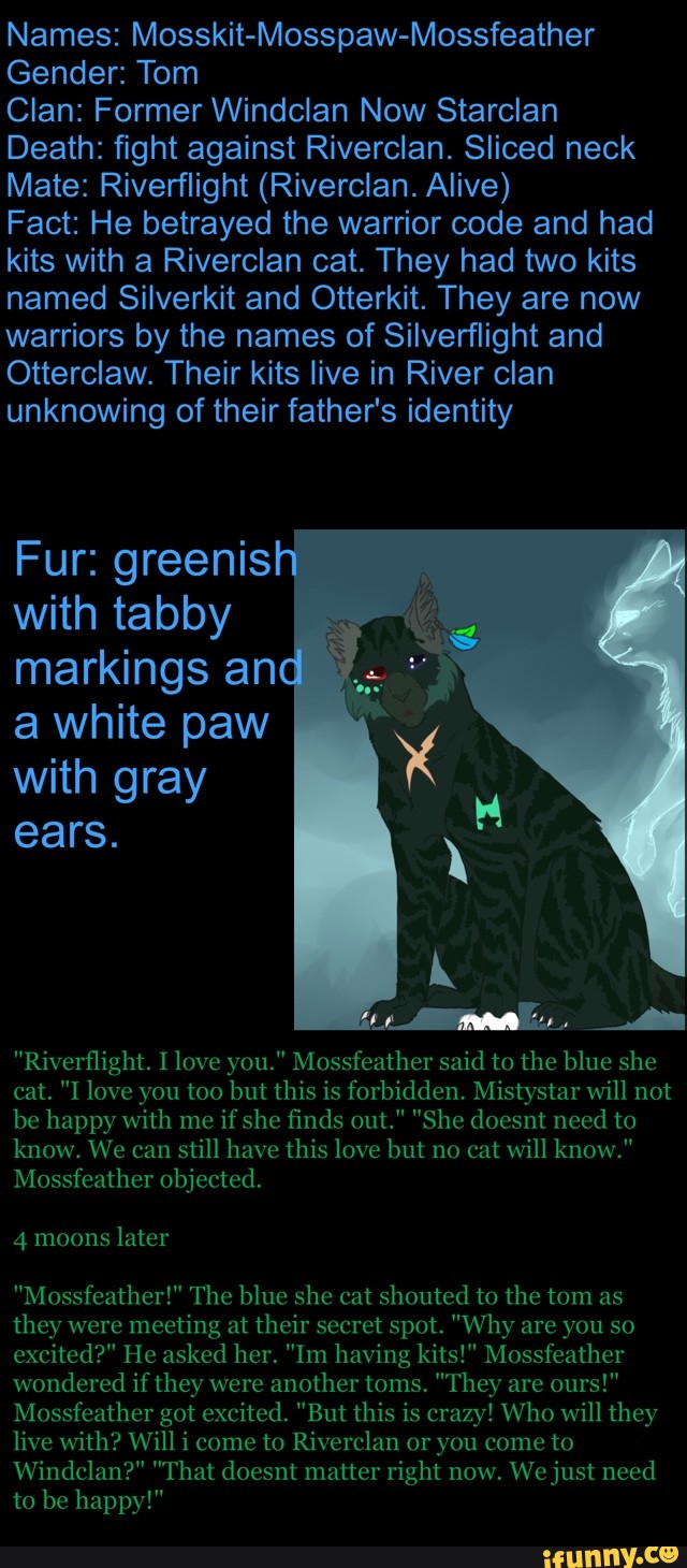 Names Mosskit Mosspaw Mossfeather Gender Tom Clan Former Windclan Now Starclan Death Fight Against Riverclan Sliced