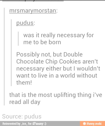 mrsmarymorstan:
pudus:
was it really necessary for
me to be born
Possibly not, but Double
Chocolate Chip Cookies aren't
necessary either but I wouldn't
want to live in a world without
them!
that is the most uplifting thing i've
read all day
Source: pudus