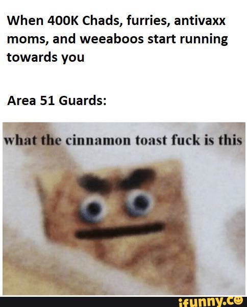 When 400K Chads, furries, antivaxx
moms, and weeaboos start running
towards you
Area 51 Guards:
cinnamon toast fuck
i!
