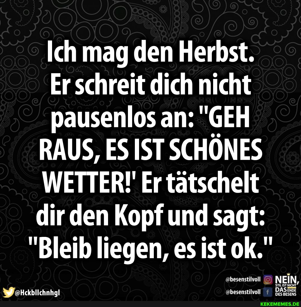 Ich mag den Herbst.
Er schreit dich nicht pausenlos an: "GEH RAUS, ES IST SCHÖNES WETTERT Er tätschelt dir den Kopf und sagt:
"Bleib liegen, es ist ok."
enstilvoll NEIN
3 aHrkhblichnhal @besenstilvoll DAS: