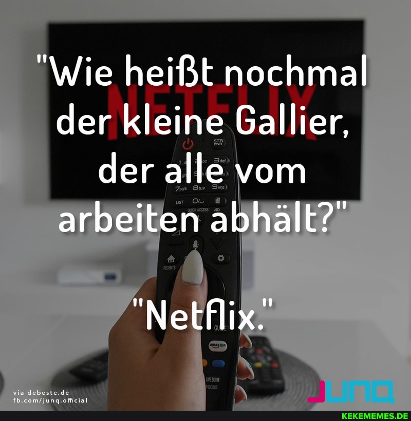 "Wie heißt nochmal der kleine Gallier, der alle vom arbeiten abhält?"
"Netflix.