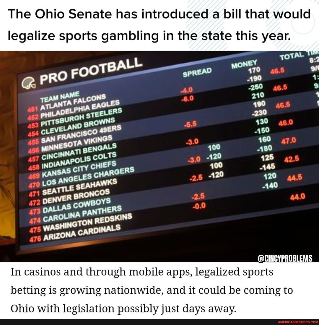 The Ohio Senate has introduced a bill that would legalize sports gambling in the state this year.
PRO PITTS ROW
3.0
80
757 COLTS HAROERS ag 120 AS LOS
28
In casinos and through mobile apps, legalized sports betting is growing nationwide, and it could be coming to
Ohio with legislation possibly just davs away,