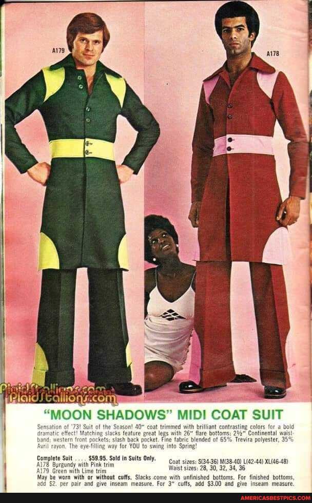 "MOON SHADOWS MID! COAT SUIT
Sensation of '731 Suit of the Season! coat trimmed with brilliant contrasting colors for a bold dramatic effect! Matching slacks feature great legs with 26" flare bottoms: 242" Continental waist band; western front pockets: slash back pocket. Fine fabric blended of 65% Trevira polyester, 35'
Avril rayon, The eyesfilling way for YOU to swing inte Spring!
Complete Suit... Pink Sold in Suits Only.
sizes: 28, 32, 34,
'May be worn with or without cuffs, Slacks come with unfinished bottoms. For finished bottoms,