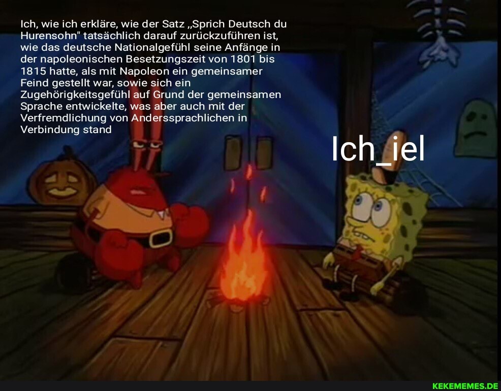 Ich, wie ich erkläre, wie der Satz "Sprich Deutsch du
Hurensohn" tatsächlich darauf zurückzuführen ist, wie das deutsche Nationalgefühl seine Anfänge in der napoleonischen Besetzungszeit von 1801 bis
1815 hatte, als mit Napoleon ein gemeinsamer
Feind gestellt war, sowie sich ein
Zugehörigkeitsgefühl auf Grund der gemeinsamen
Sprache entwickelte, was aber auch mit der
Verfremdlichung von Anderssprachlichen in
Verbindung stand
Ich fel
