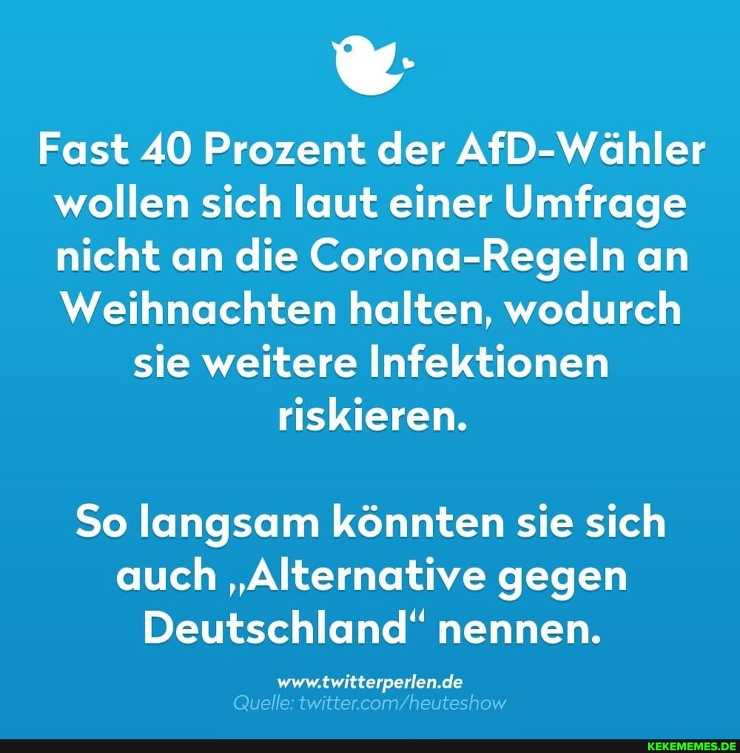 Fast 40 Prozent der AfD-Wähler wollen sich laut einer Umfrage nicht an die Corona-Regeln an
Weihnachten halten, wodurch
sie weitere Infektionen riskieren.
So langsam könnten sie sich auch "Alternative gegen
Deutschland" nennen.
www.twitterperlen.de
Quelle: