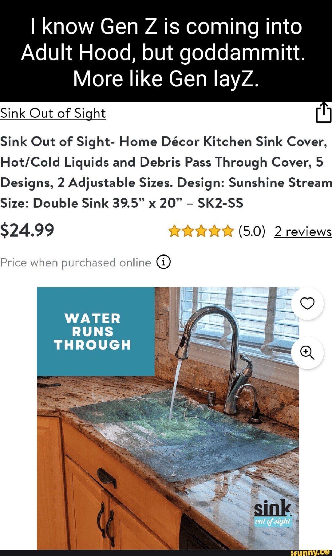 Sink Out of Sight- Home Decor Kitchen Sink Cover, Hot/Cold Liquids and  Debris Pass Through Cover, adjustable, 2 sizes. Design: Single Sunshine  Stream