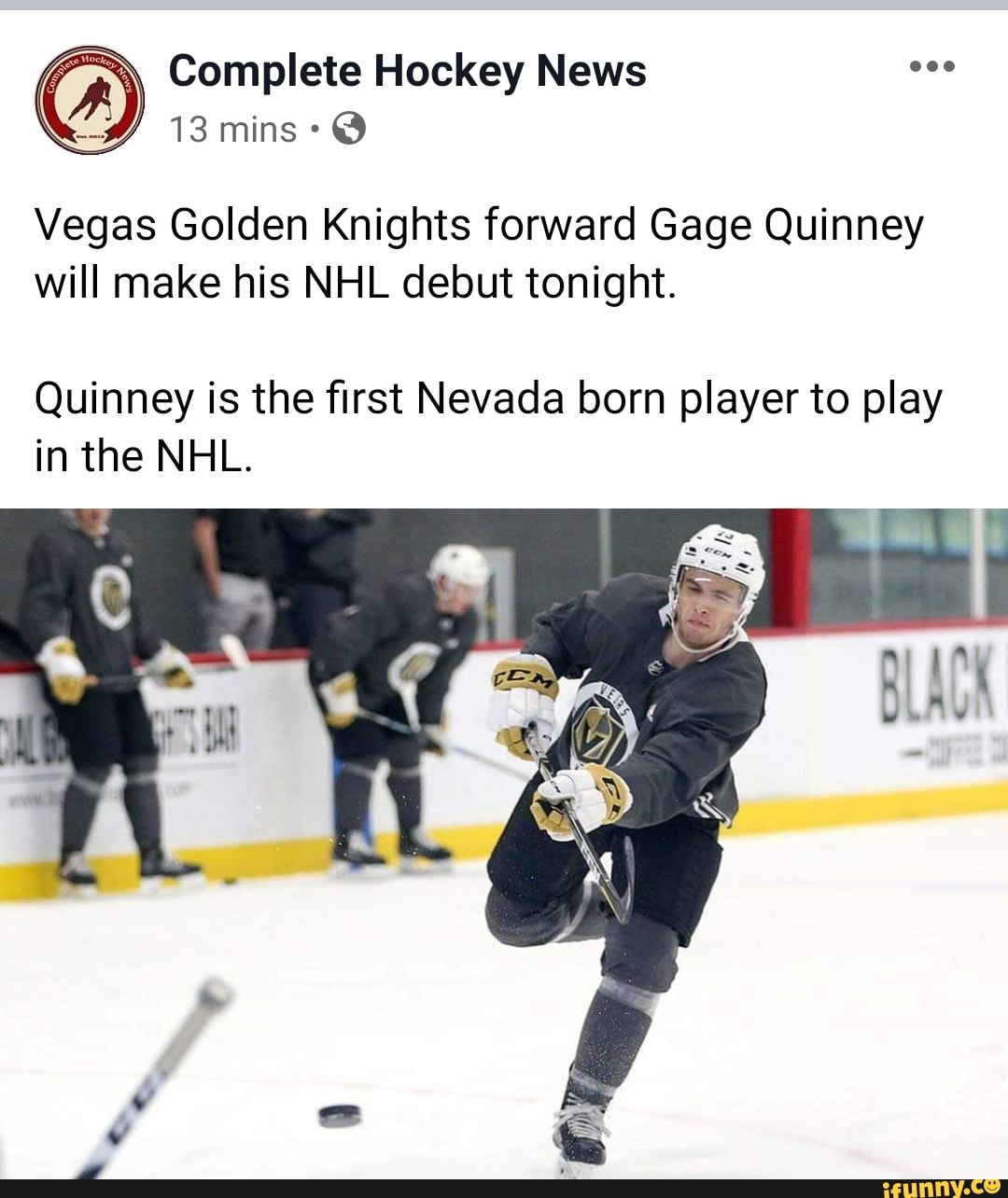 Vegas Golden Knights forward Gage Quinney will make his NHL debut