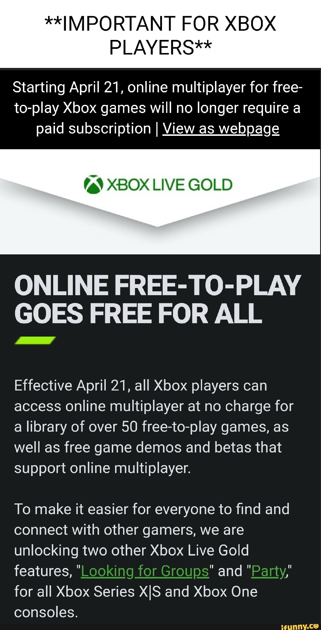 No Xbox Live membership required for online multiplayer on free-to