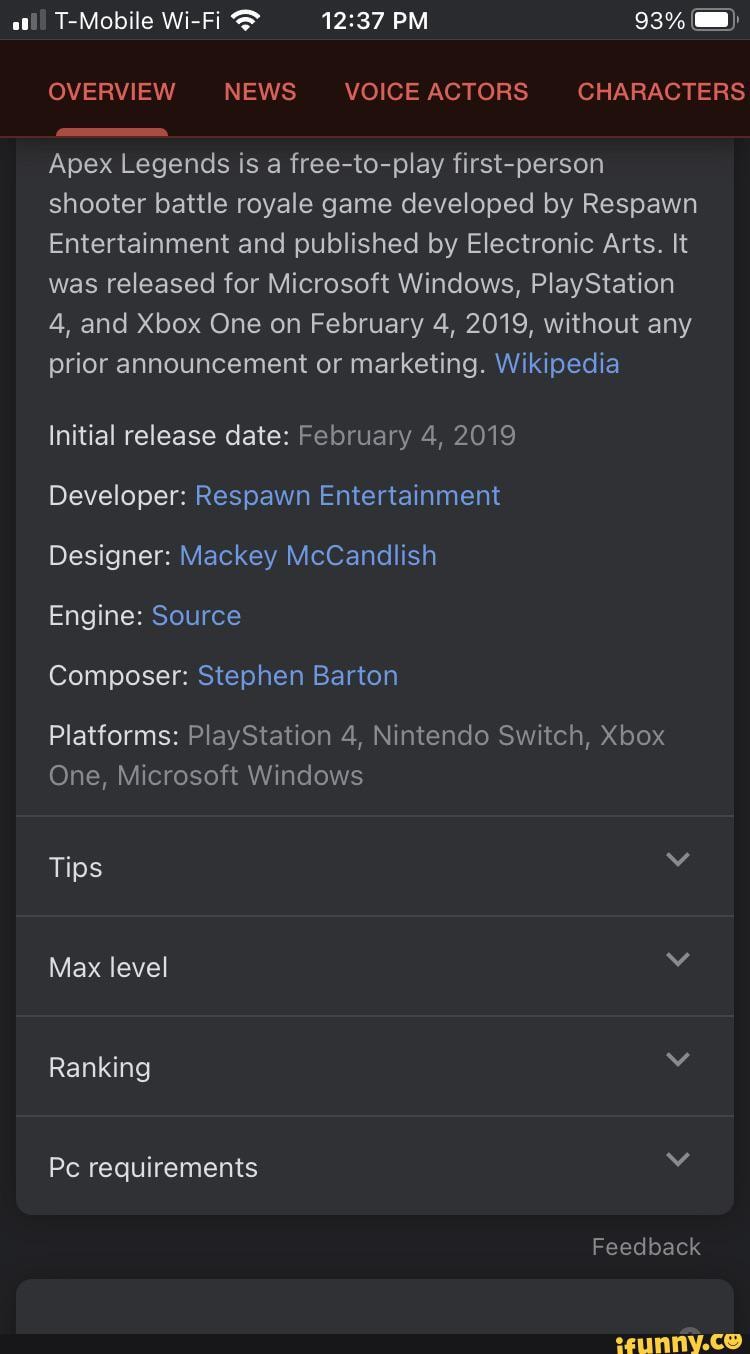T Mobile Wi Fi Pm 93 Overview News Voice Actors Characters Apex Legends Is A Free To Play First Person Shooter Battle Royale Game Developed By Respawn Entertainment And Published By Electronic Arts It Was Released For