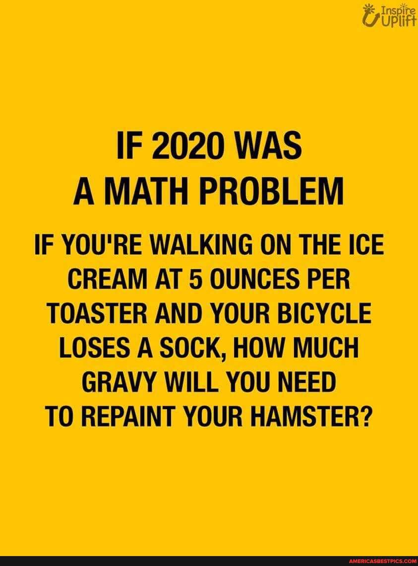 IF 2020 WAS A MATH PROBLEM
IF YOU'RE WALKING ON THE ICE CREAM AT 5 OUNCES PER TOASTER AND YOUR BICYCLE LOSES A SOCK, HOW MUCH GRAVY WILL YOU NEED TO REPAINT YOUR HAMSTER?