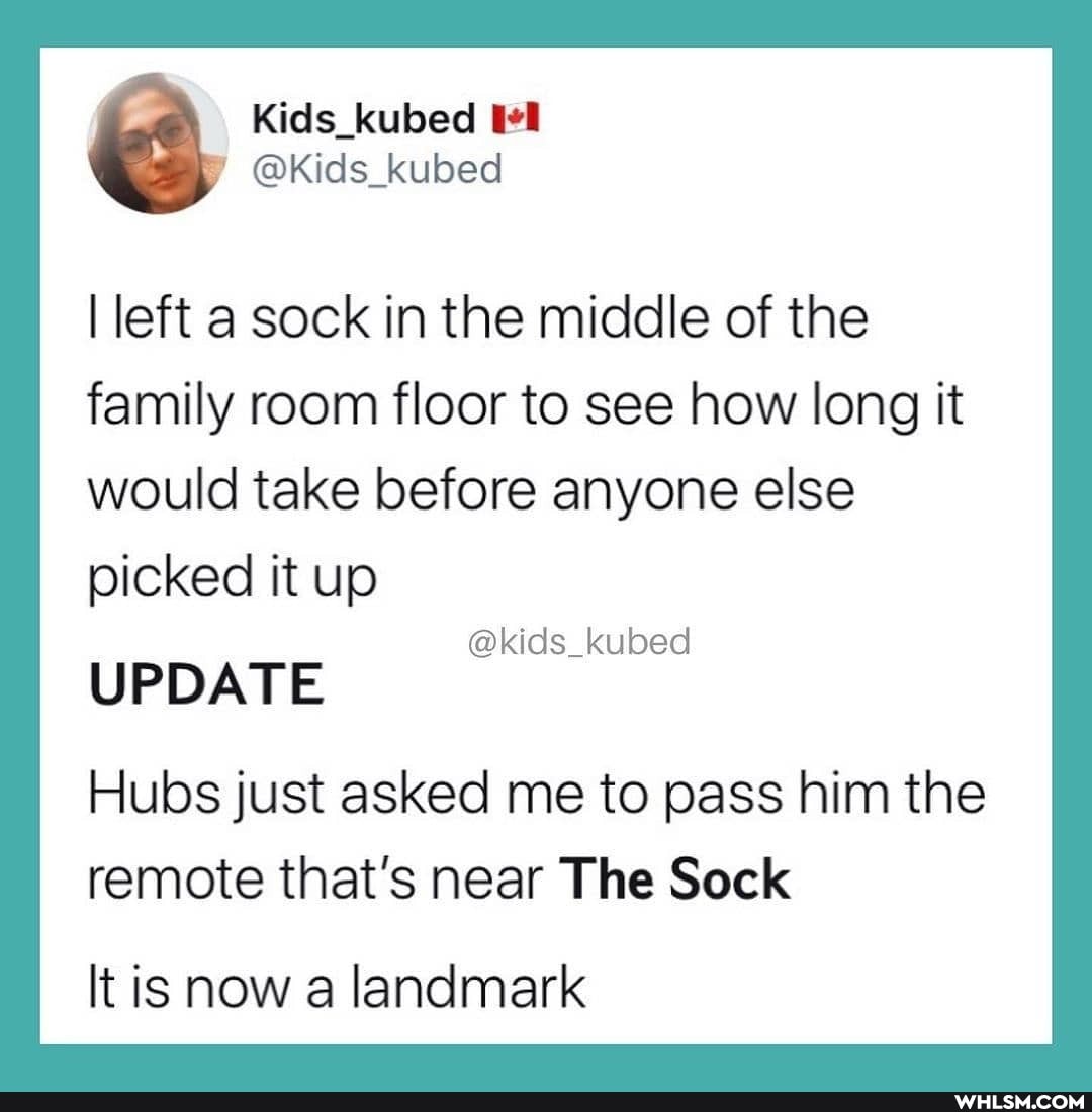 Kids_kubed tell
@Kids_kubed
I left a sock in the middle of the family room floor to see how long it would take before anyone else
picked it up
UPDATE
@kids_kubed
Hubs just asked me to pass him the remote that's near The Sock
It is now a landmark