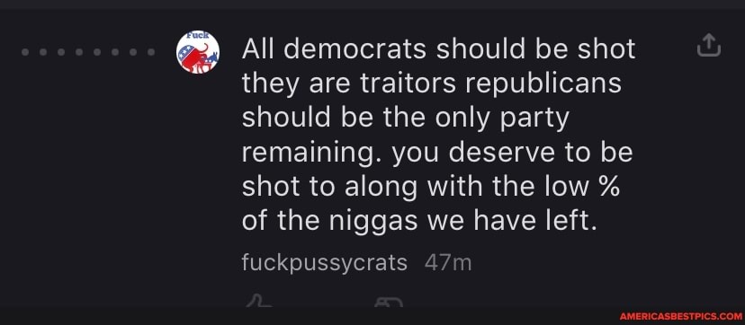 All democrats should be shot they are traitors republicans should be the only party remaining. you deserve to be shot to along with the low % of the niggas we have left.
fuckpussycrats