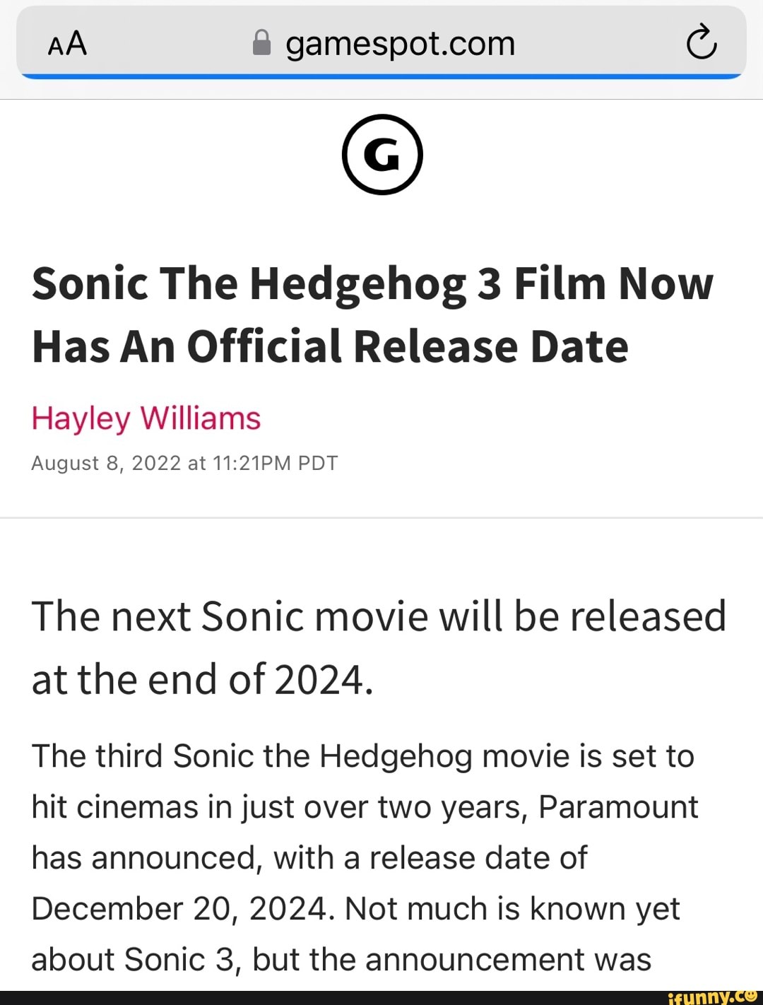Sonic The Hedgehog 3 Film Now Has An Official Release Date - GameSpot