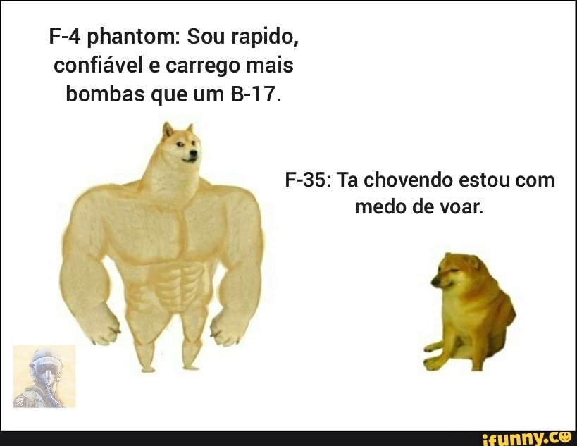 F-4 phantom: Sou rapido,
confiável e carrego mais
bombas que um B-17.
F-35: Ta chovendo estou com
medo de voar.
