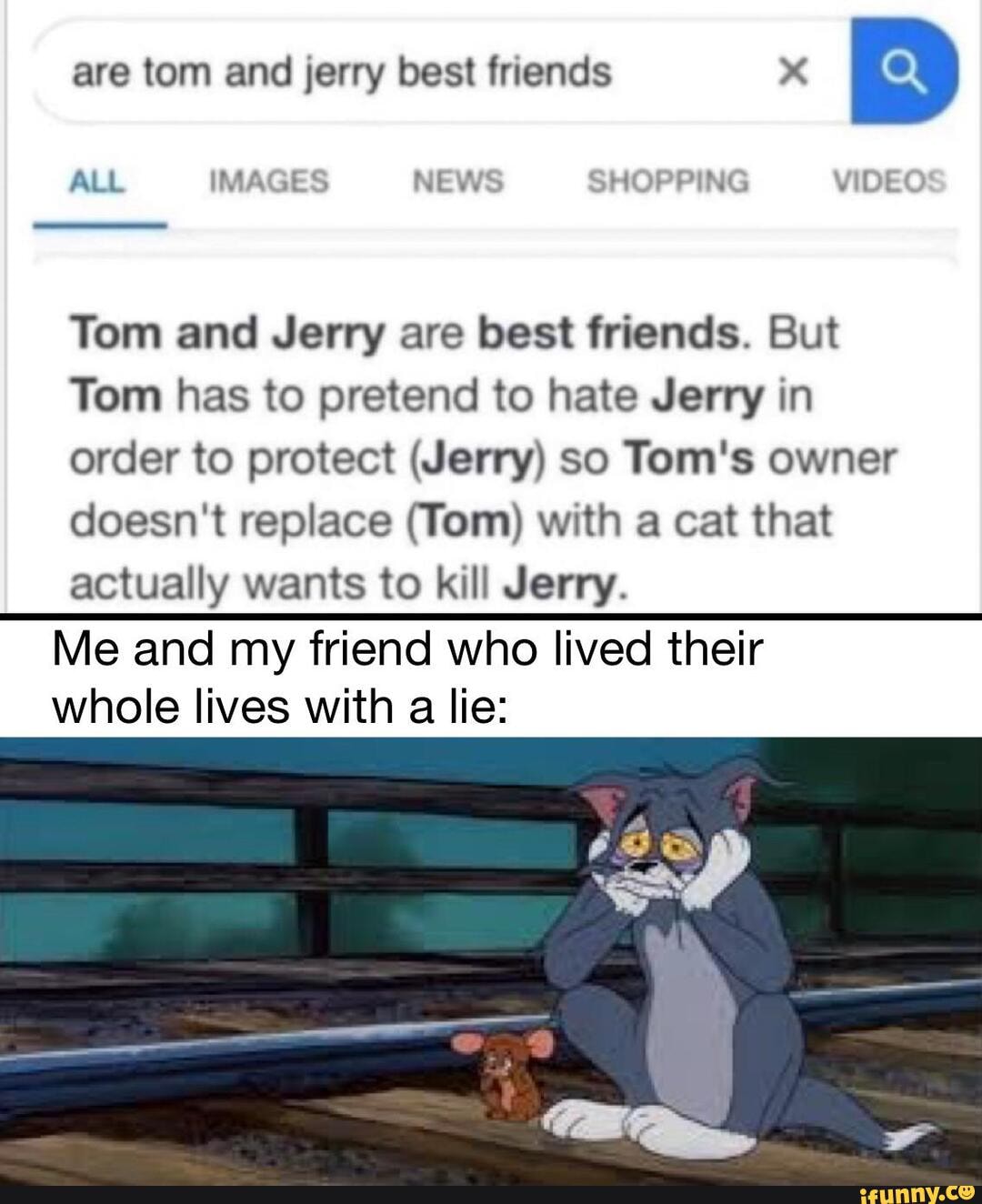 are tom and jerry best friends
ALL IMAGES NEWS SHOPPING VIDEO
Tom and Jerry are best friends. But
Tom has to pretend to hate Jerry in order to protect (Jerry) so Tom's owner doesn't replace (Tom) with a cat that actually wants to kill Jerry.
Me and my friend who lived their whole lives with a lie: