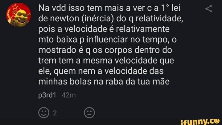 Na vdd isso tem mais a ver ca lei
de newton (inércia) do relatividade, pois a velocidade é relativamente mto baixa p influenciar no tempo, o mostrado é q os corpos dentro do trem tem a mesma velocidade que ele, quem nem a velocidade das minhas bolas na raba da tua mãe
p3rd1