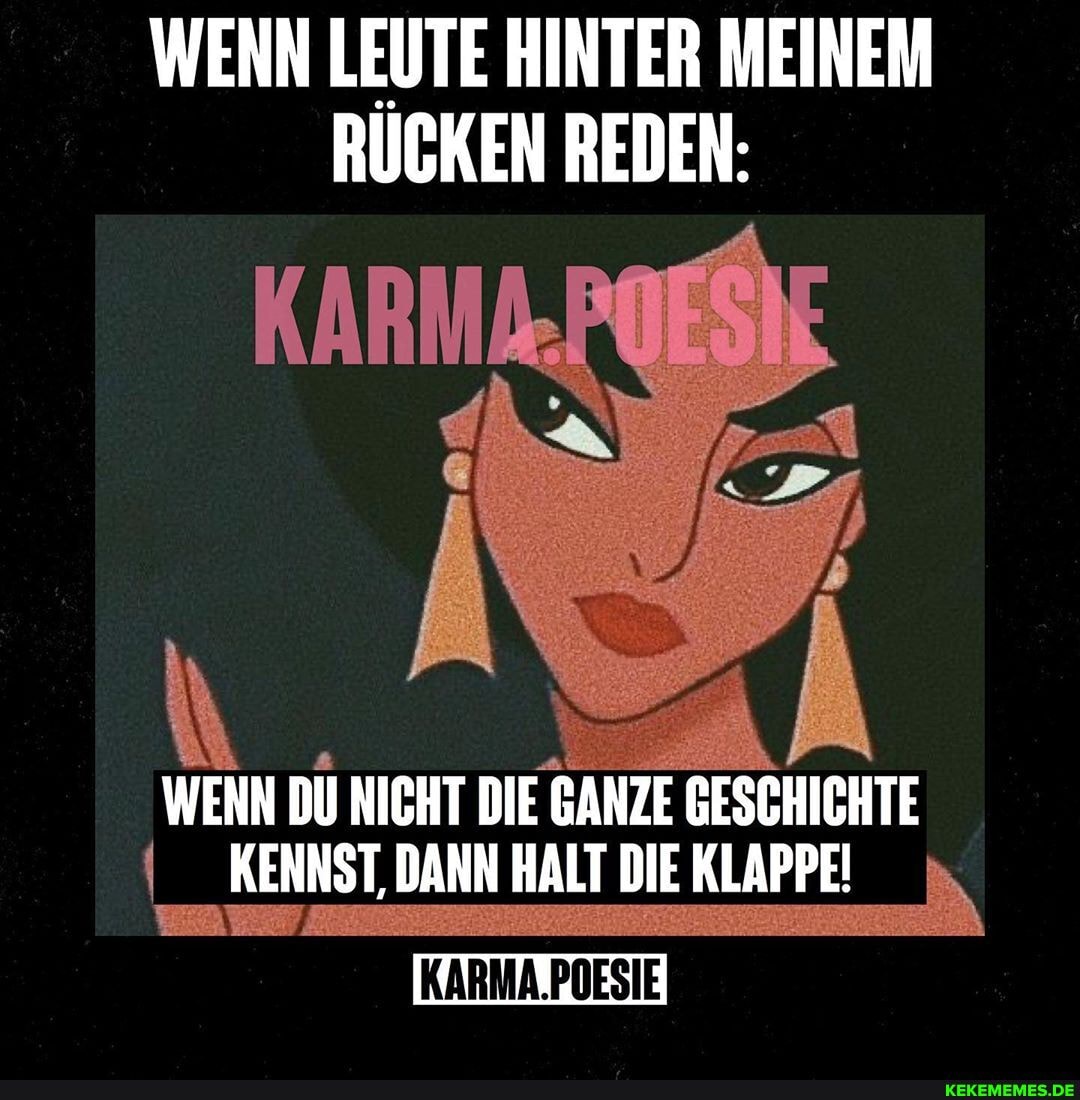 WENN LEUTE HINTER MEINEM RÜCKEN REDEN:
WENN DU NICHT DIE GANZE GANZ GESCHICHTE KENNST, DANN HALT DIE KLAPPE!
KARMA.POESIE