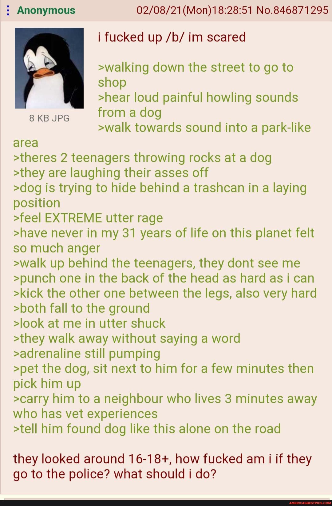 : Anonymous No.846871295 i fucked up /b/ im scared
>walking down the street to go to shop
>hear loud painful howling sounds from a dog
>walk towards sound into a park-like
KB JPG
area
>theres 2 teenagers throwing rocks at a dog
>they are laughing their asses off
>dog is trying to hide behind a trashcan in a laying position
>feel EXTREME utter rage
>have never in my 31 years of life on this planet felt so much anger
>walk up behind the teenagers, they dont see me
>punch one in the back of the head as hard as i can
>kick the other one between the legs, also very hard
>both fall to the ground
>look at me in utter shuck
>they walk away without saying a word
>adrenaline still pumping
>pet the dog, sit next to him for a few minutes then pick him up
>carry him to a neighbour who lives 3 minutes away who has vet experiences
>tell him found dog like this alone on the road
they looked around 16-18+, how fucked am i if they go to the police? what should i do?