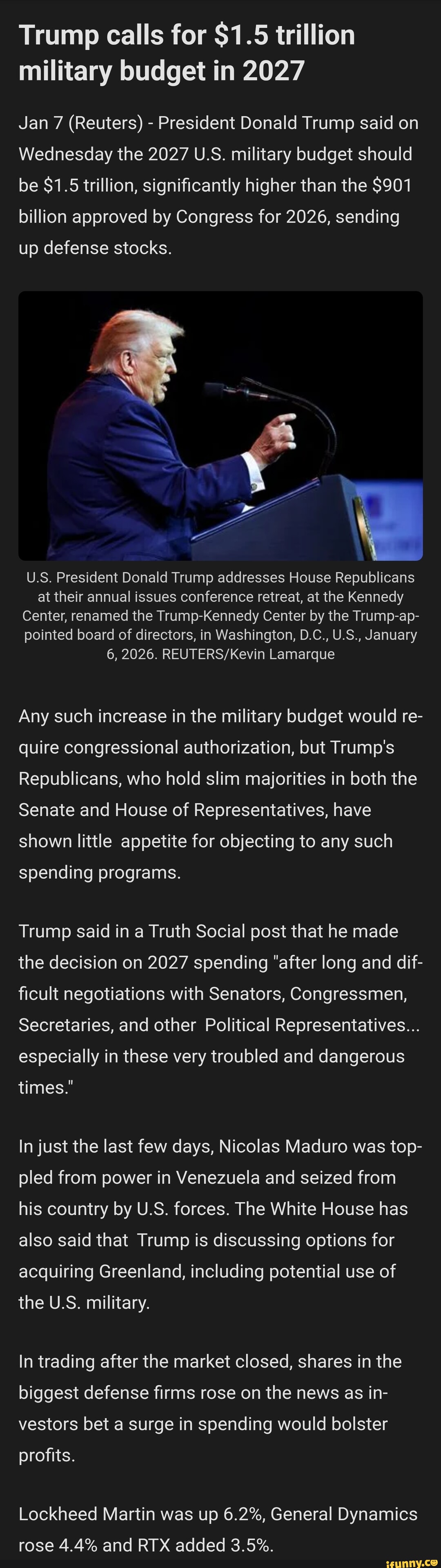 Trump calls for $1.5 trillion military budget in 2027 Jan 7 (Reuters ...