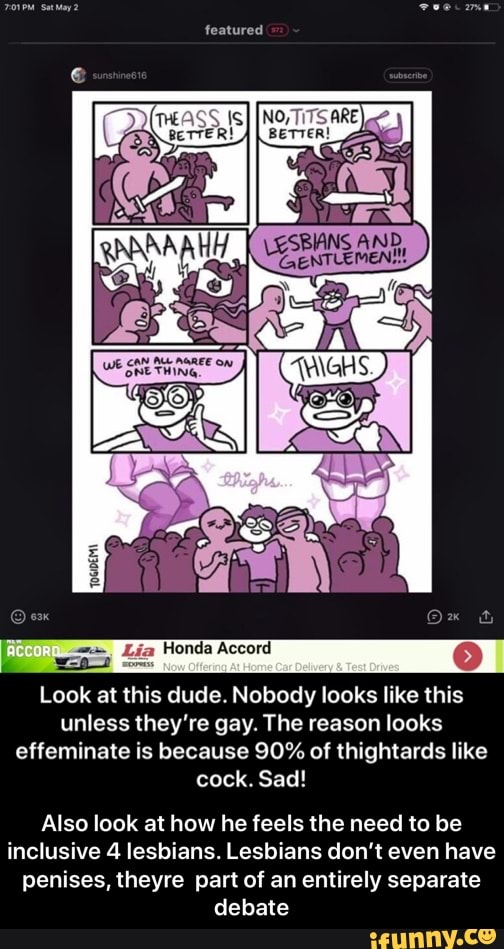 Look at this dude. Nobody looks like this
unless they're gay. The reason looks
effeminate is because 90% of thightards like
cock. Sad!
Also look at how he feels the need to be
inclusive 4 lesbians. Lesbians don't even have
penises, theyre part of an entirely separate
debate - Also look at how he feels the need to be inclusive 4 lesbians. Lesbians don’t even have penises, theyre part of an entirely separate debate