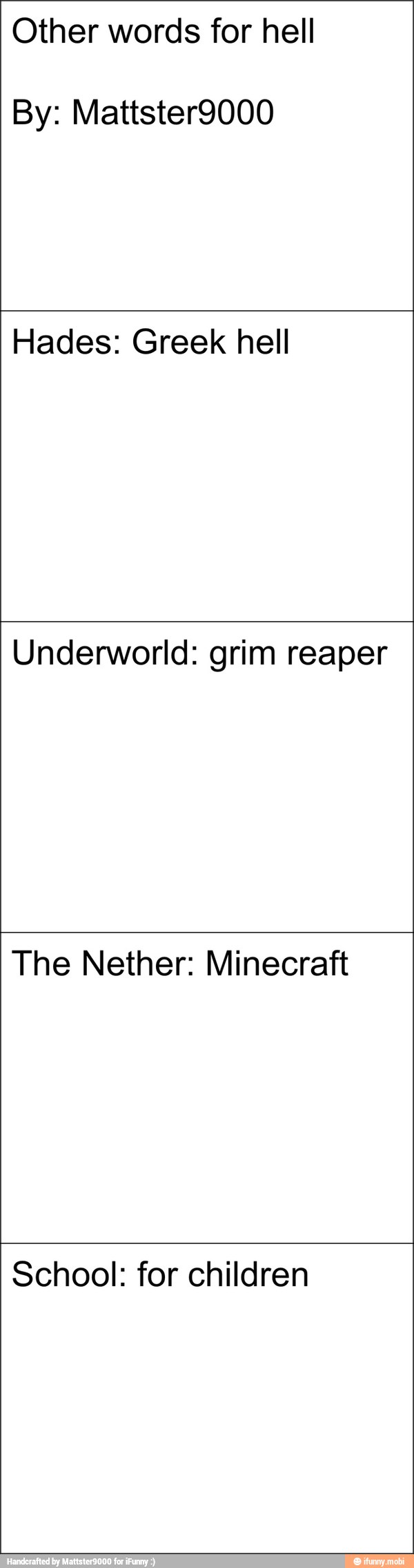 Other words for hell
Hades: Greek hell
Underworld: grim reaper