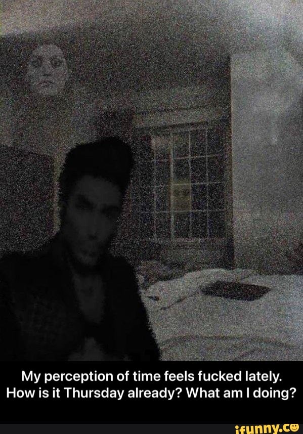 My perception of time feels fucked lately.
How is it Thursday already? What am I doing? - My perception of time feels fucked lately. How is it Thursday already? What am I doing?