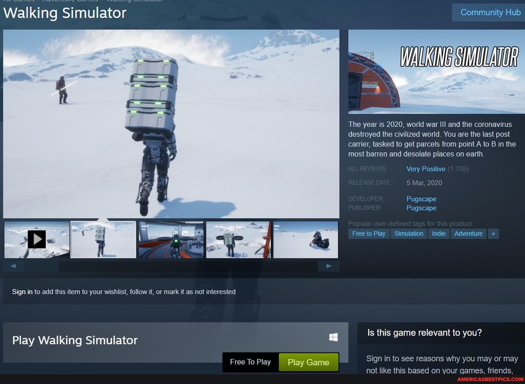 Walking Simulator Community Hub
The year is 2020, world war III and the coronavirus
destroyed the civilized world. You are the last post
carrier, tasked to get parcels from point A to
B in the
most barren and desolate places on earth
Very Positive
Pugscape
Pugscape
Freeto Play Simulation Indie Adventure 'Sign in to add this item to your wishlist, follow it, or mark it as not interested
Is this game relevant to you?
Play Walking Simulator a
Free To Play #[Miplayeamel
I Sign in to see reasons why you may or may
not like this based on your games. friends.
