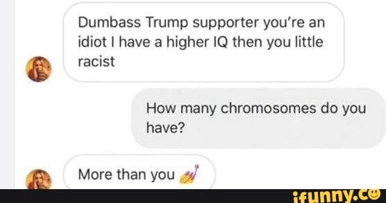 Dumbass Trump supporter you're an
idiot I have a higher IQ then you little racist
How many chromosomes do you
[air